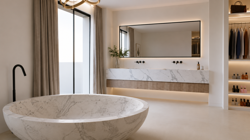 Baño contemporáneo con bañera exenta de mármol, lavabo doble, espejo panorámico e iluminación integrada.