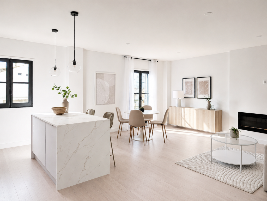 Salón-comedor de estilo contemporáneo con cocina abierta, isla con encimera de mármol blanco Calacatta, suelo de madera clara en tonos grisáceos, mobiliario minimalista y abundante luz natural en una vivienda de Málaga.
