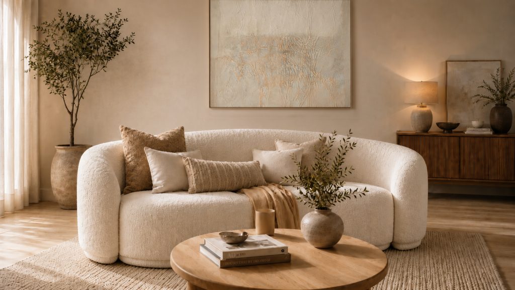 Salón contemporáneo decorado con sofá claro, mesa de madera, textiles naturales, iluminación cálida y accesorios seleccionados.