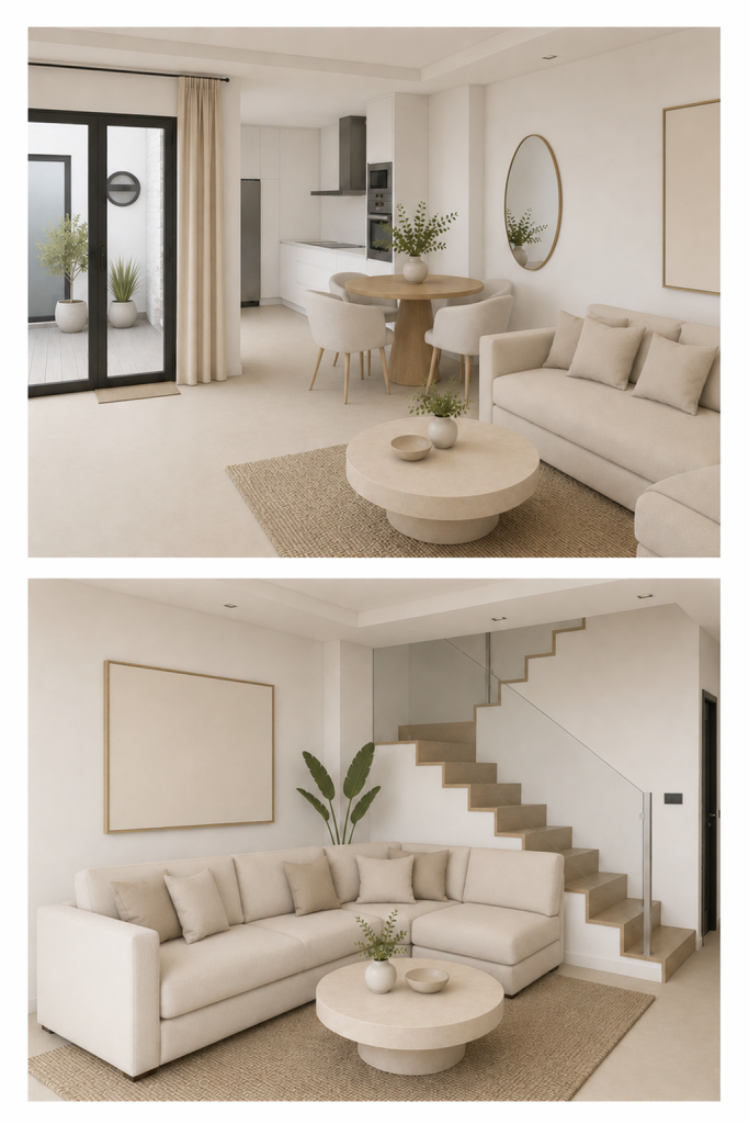 Diseño 3D de un proyecto de decoración de salón comedor con cocina abierta, tonos neutros y escalera de cristal.