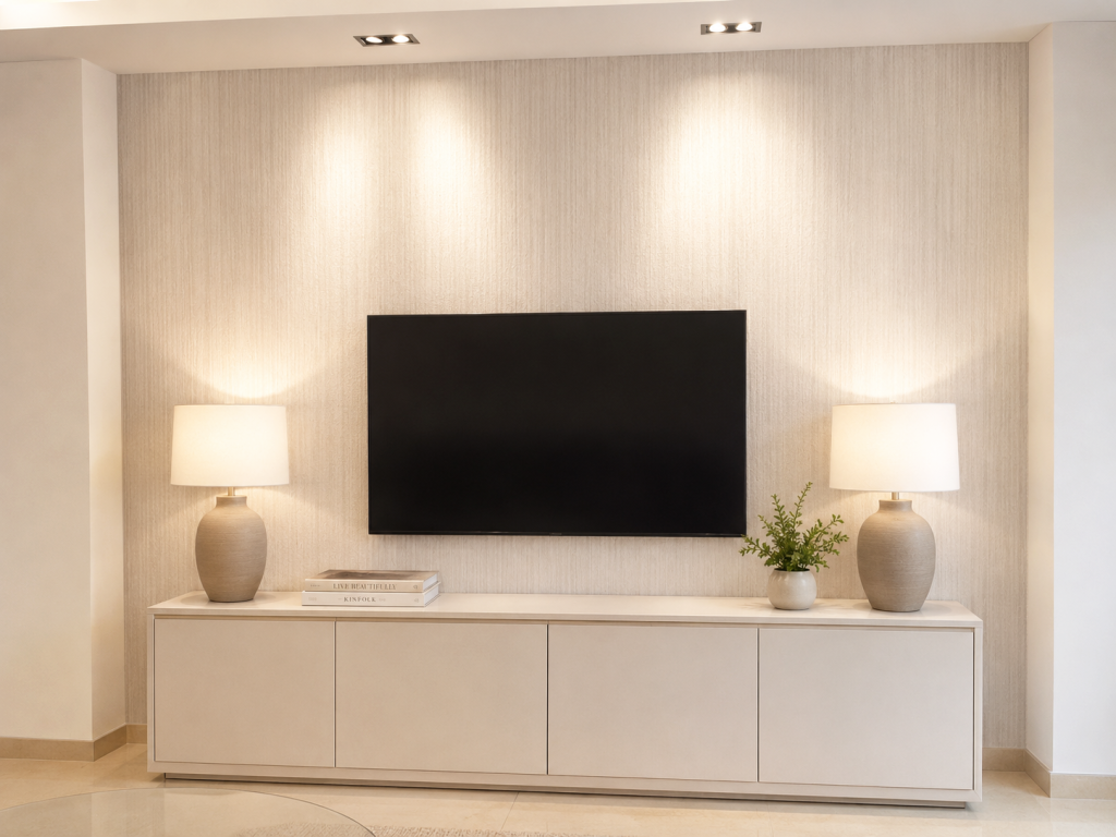 Pared de salón con televisor suspendido, mueble bajo claro, papel pintado texturizado y dos lámparas de cerámica