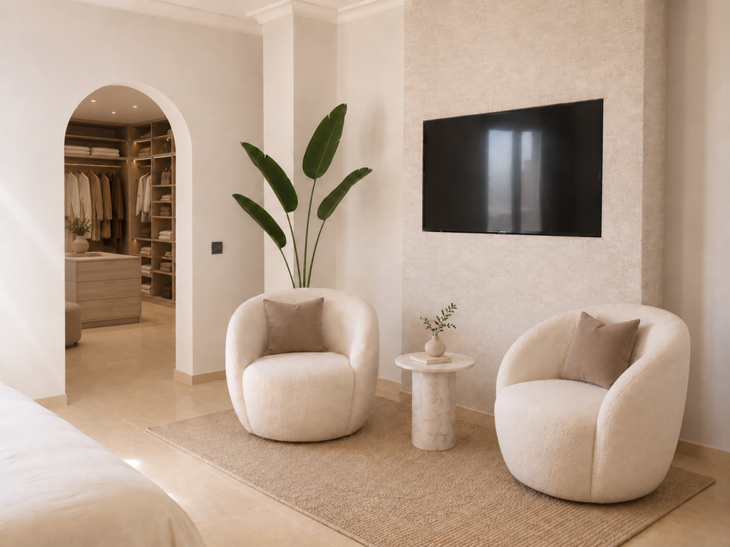 Dormitorio principal beige con dos butacas curvas, pared de televisión texturizada y acceso arqueado a un vestidor abierto