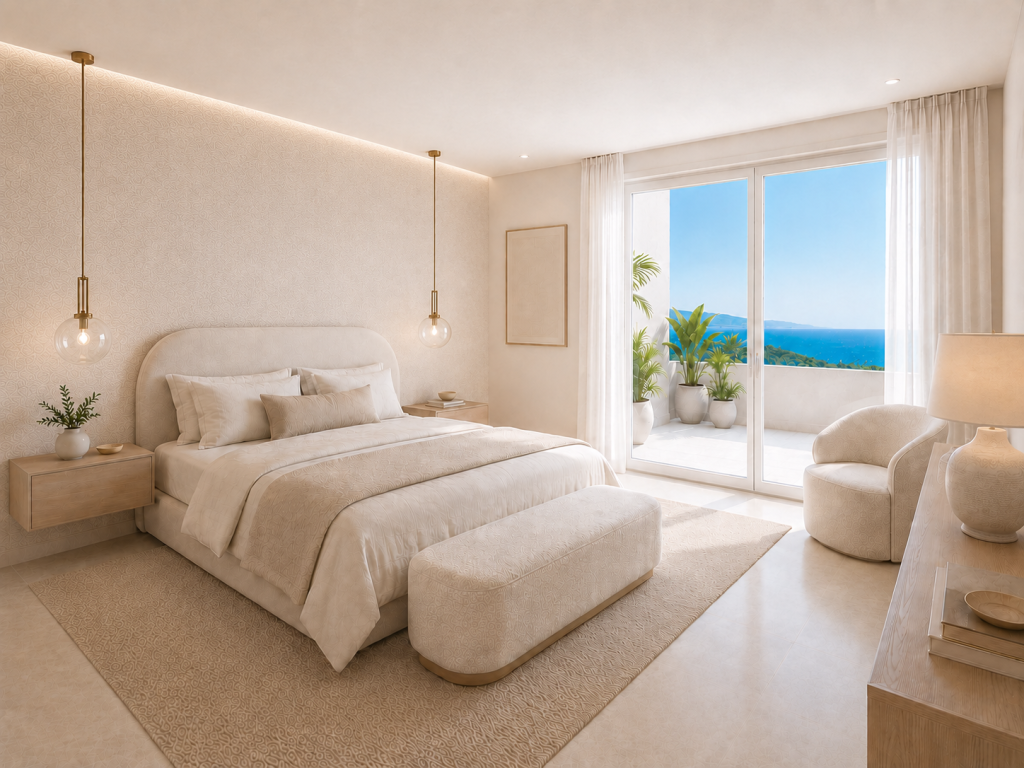 Dormitorio luminoso en tonos crema con cabecero curvo, mesitas suspendidas, lámparas colgantes y acceso a terraza con vistas al mar