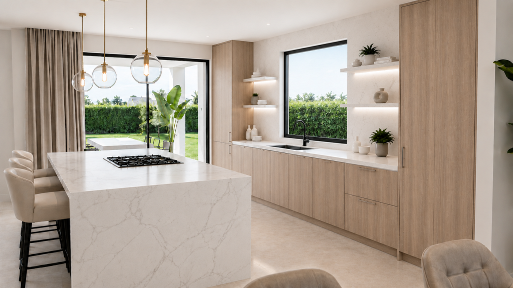 Cocina abierta con gran isla de mármol blanco, armarios de madera clara, baldas iluminadas y vistas directas al jardín.