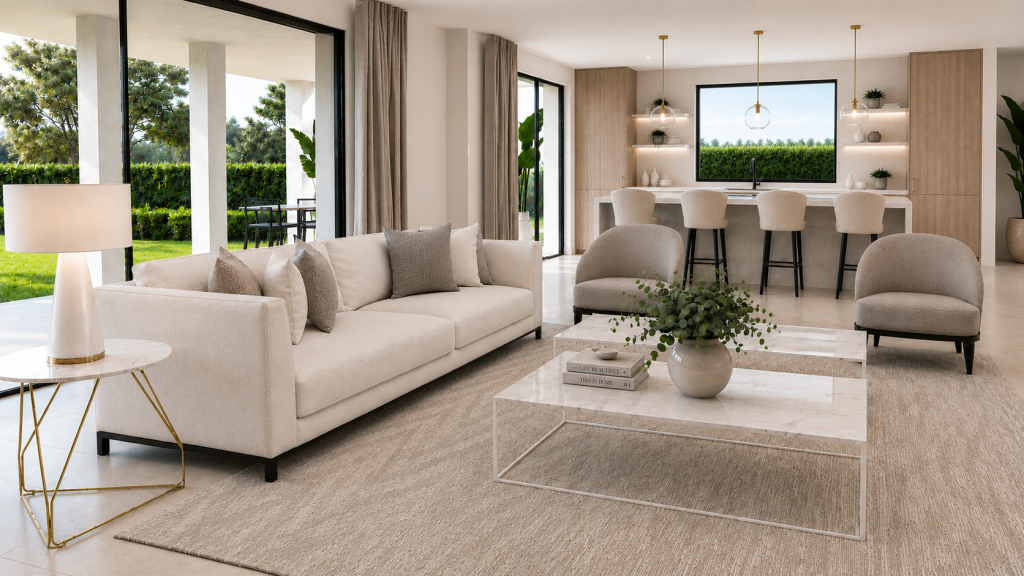 Salón abierto de una villa en la playa con cocina integrada, grandes ventanales, sofá en tonos claros y acceso directo al jardín.