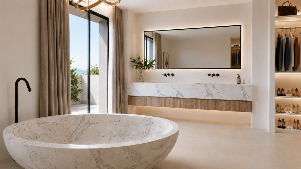 Contemporary bathroom with a freestanding marble bath, double vanity, panoramic mirror and integrated lighting.