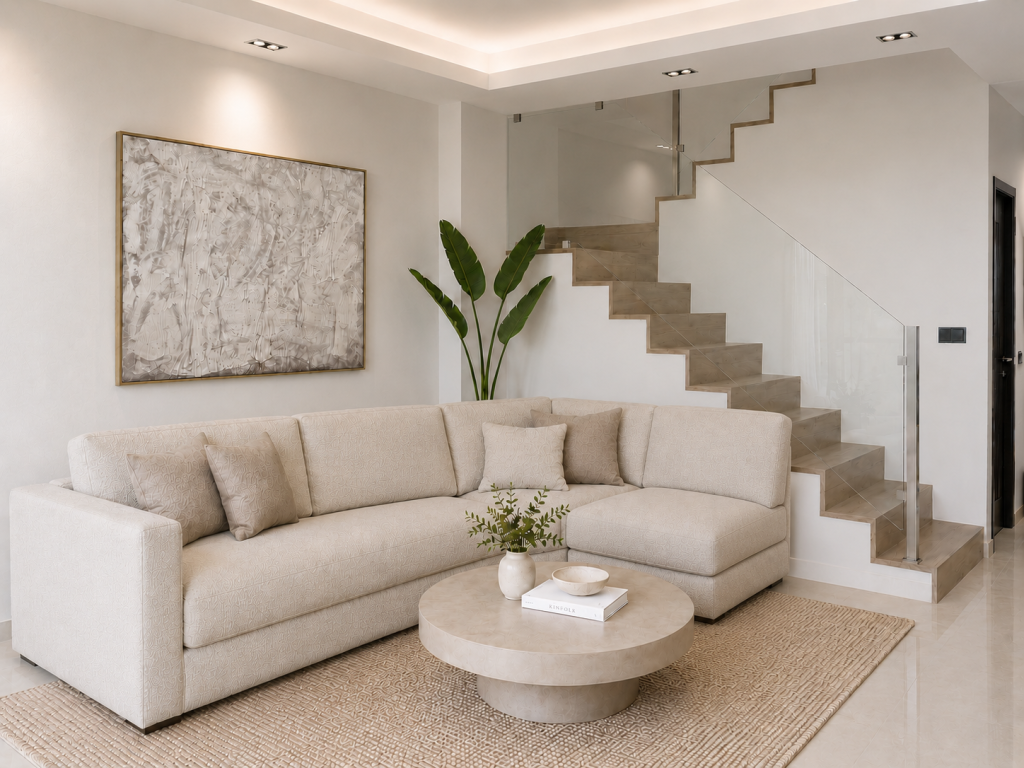 Salón beige con sofá rinconera, mesa redonda, escalera de madera y barandilla de vidrio integrada en el espacio