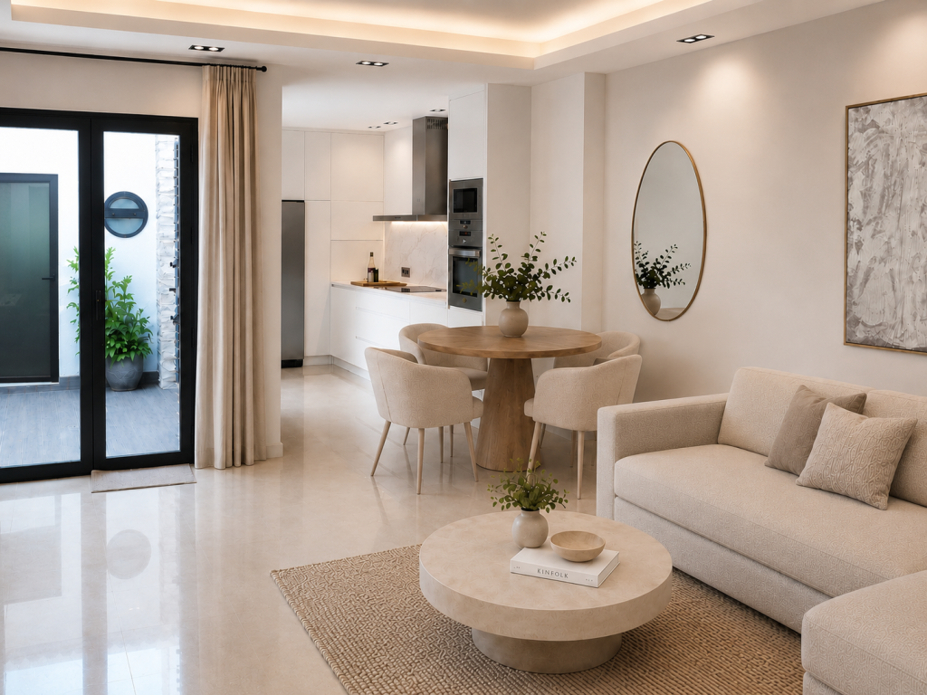 Espacio abierto con salón beige, comedor redondo de madera, cocina blanca al fondo y acceso acristalado a patio interior