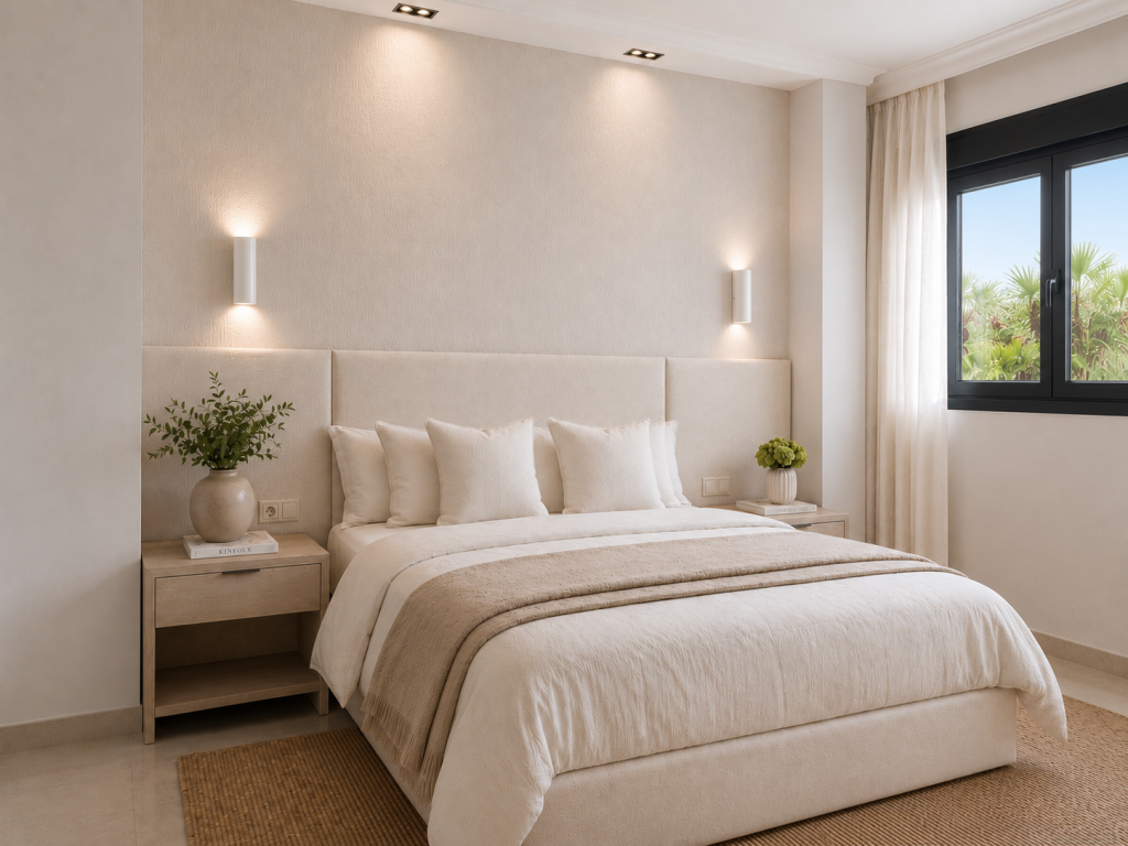 Dormitorio principal de una casa de pueblo decorado en tonos beige y blanco, con cabecero tapizado, mesitas de madera y luz natural.