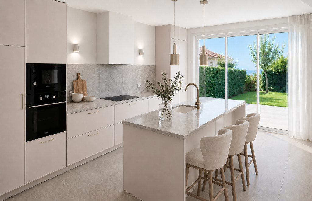 Cocina con isla y vistas al jardín Cocina en tonos topo con isla central, taburetes tapizados, detalles de latón y grandes ventanales abiertos al jardín