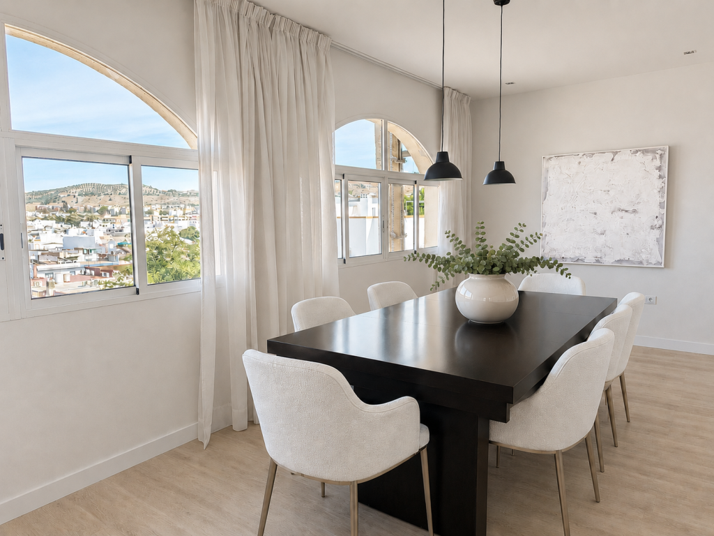 Comedor luminoso con mesa negra, seis sillas tapizadas, cortinas blancas y grandes ventanas rematadas por arcos