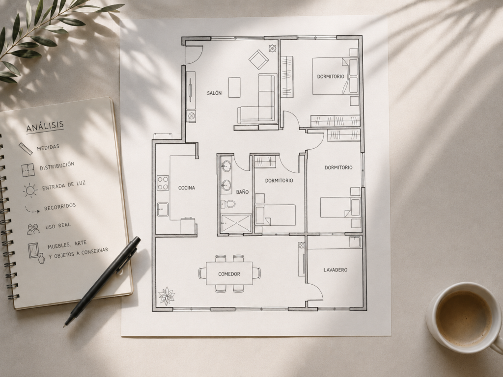 Plano de planta sobre una mesa de trabajo para analizar medidas, distribución, luz natural y mobiliario en un proyecto de decoración.