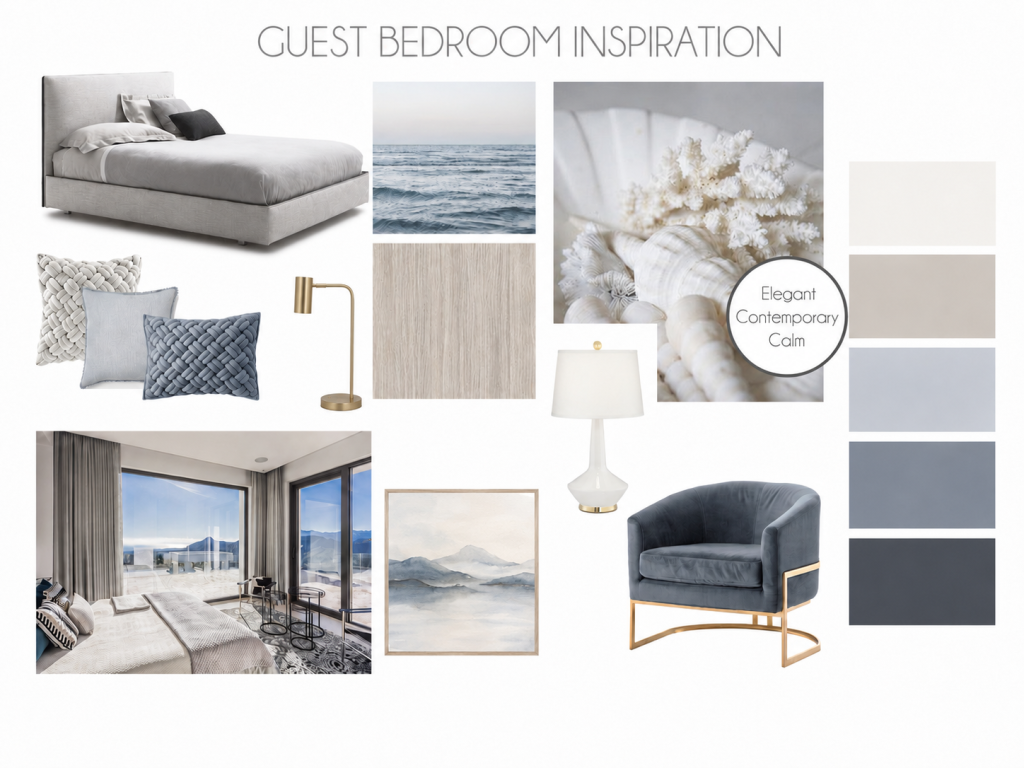 Moodboard de un proyecto de decoración para dormitorio de invitados en tonos beige, gris y azul.