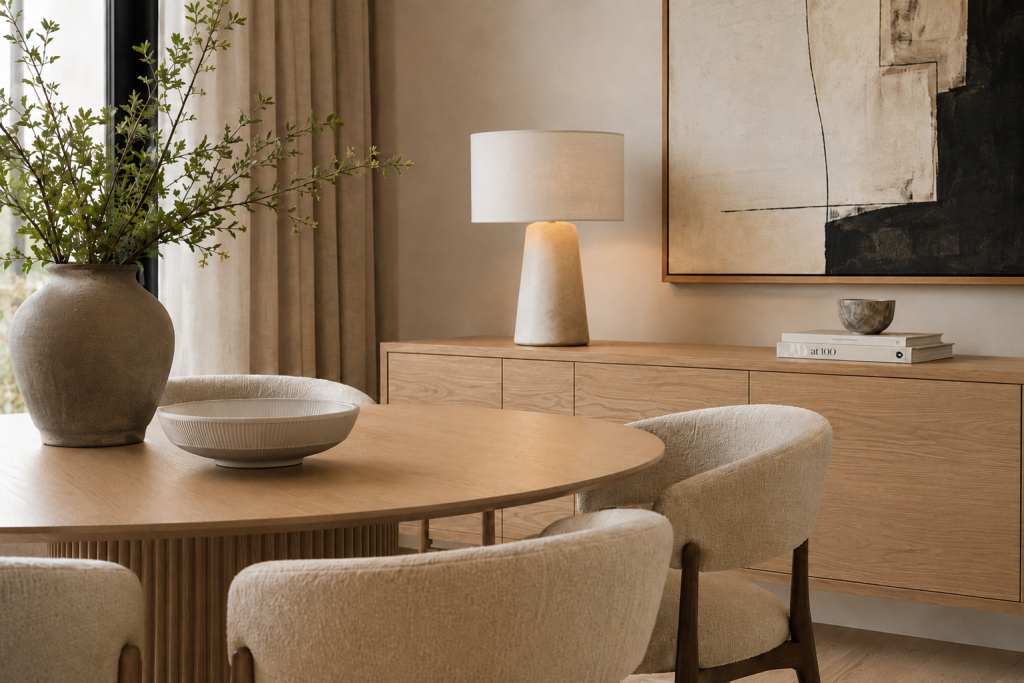 Comedor contemporáneo con mesa de madera clara, sillas tapizadas y aparador en tonos neutros