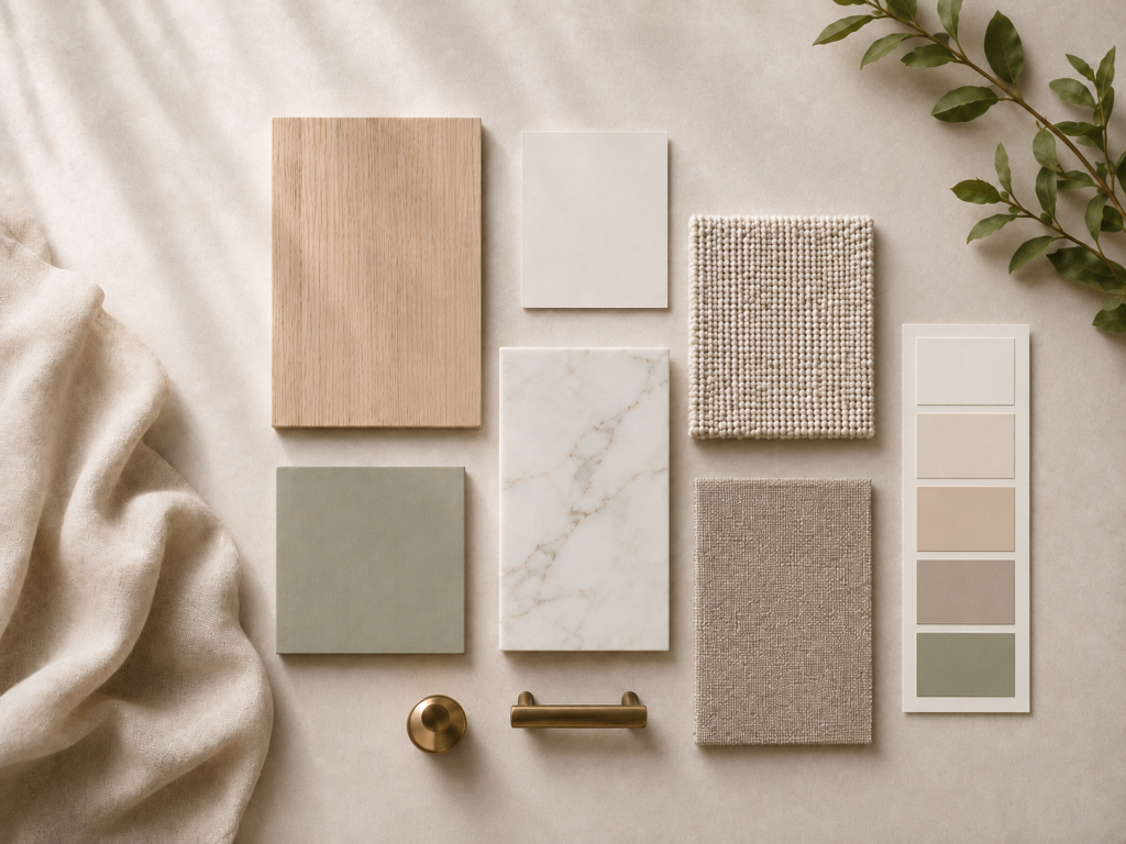Moodboard de decoración con maderas claras, mármol, tejidos neutros y paleta en beige, topo y verde salvia
