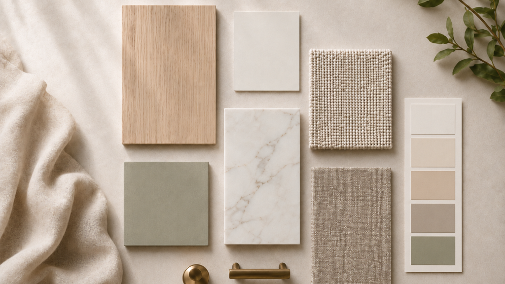 Moodboard de decoración con maderas claras, mármol, tejidos neutros y paleta en beige, topo y verde salvia