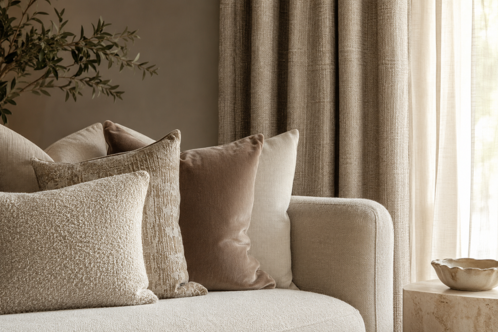 Detalle de sofá con cojines de diferentes texturas y cortinas en tonos beige, crema y topo