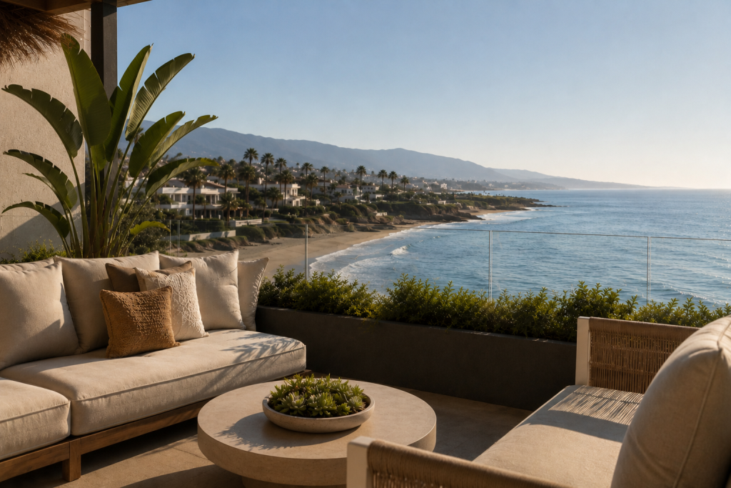 Terraza con mobiliario exterior, strelitzia y vistas a la playa de la Costa del Sol