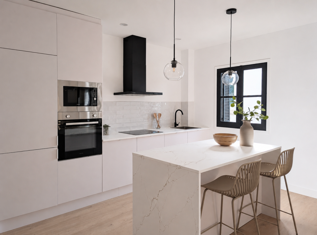 Cocina contemporánea con isla revestida, electrodomésticos integrados, fregadero bajo ventana y dos asientos altos