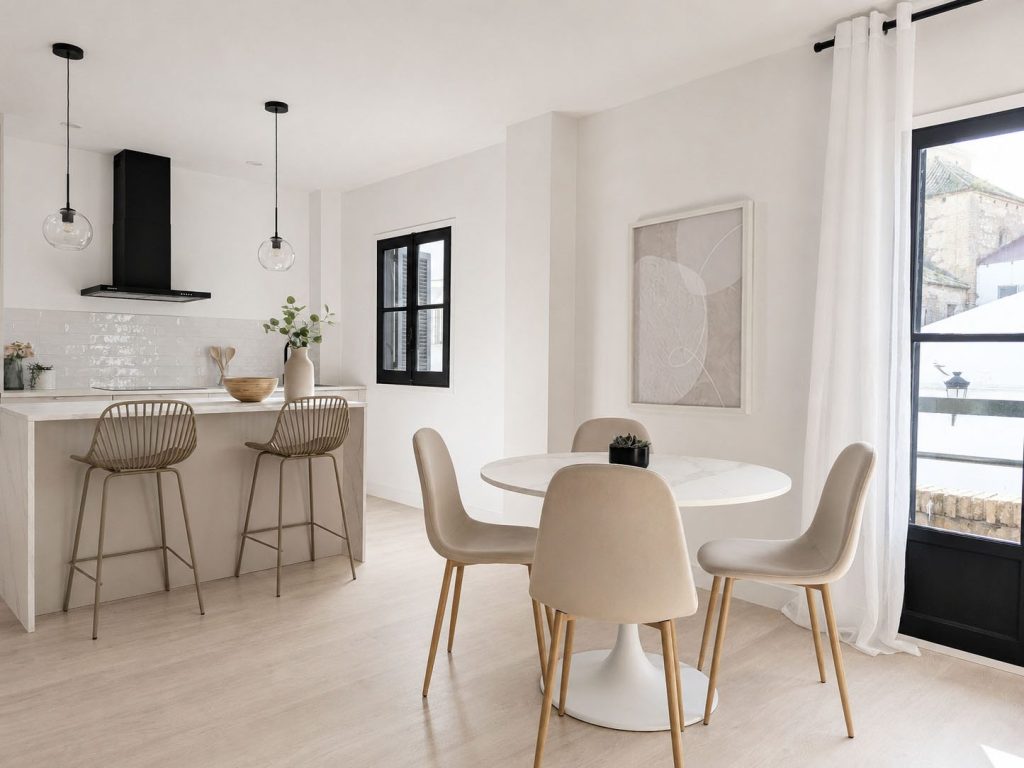 Comedor luminoso con mesa redonda, sillas tapizadas, cocina con isla y grandes ventanales con perfiles negros
