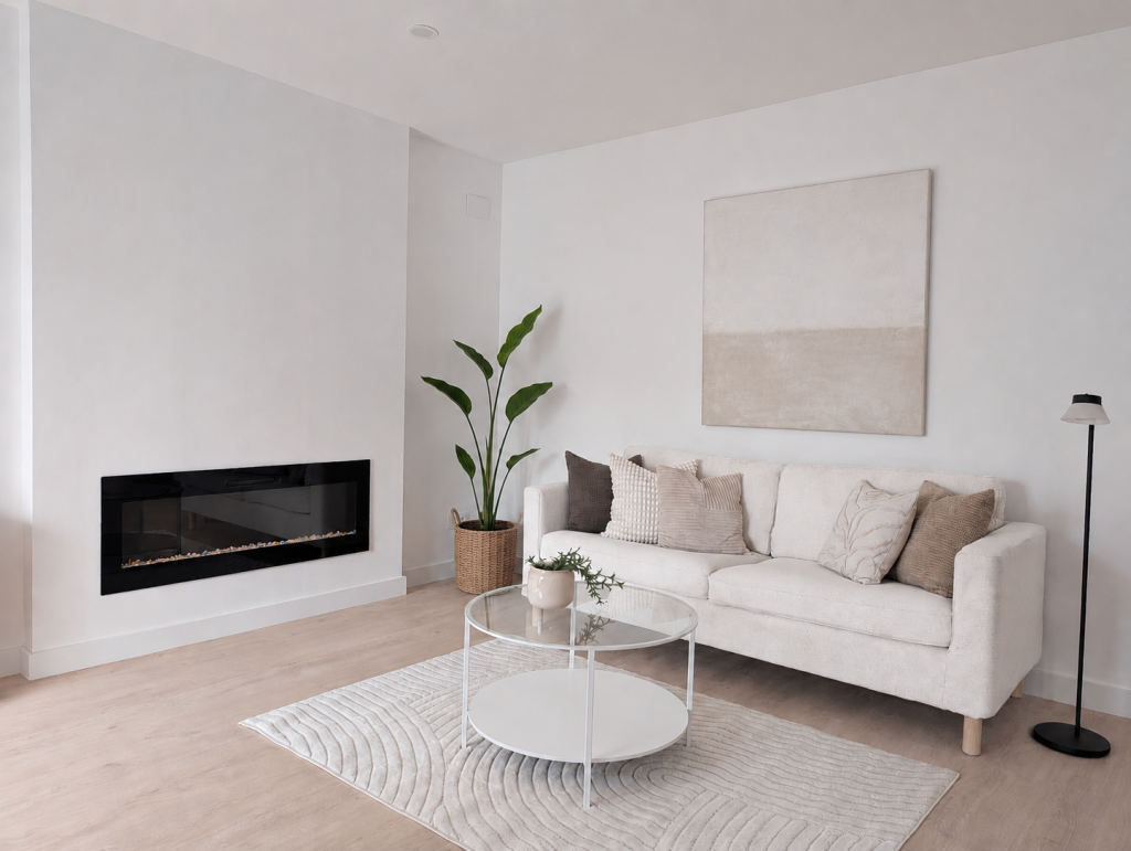 Salón luminoso con sofá blanco, chimenea eléctrica negra, mesa de centro de vidrio y decoración en tonos neutros