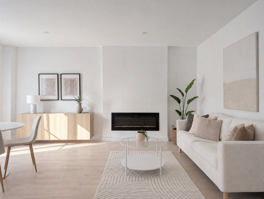 Salón moderno de un piso en la ciudad, decorado en tonos neutros, con sofá blanco, chimenea integrada y mobiliario de madera clara.
