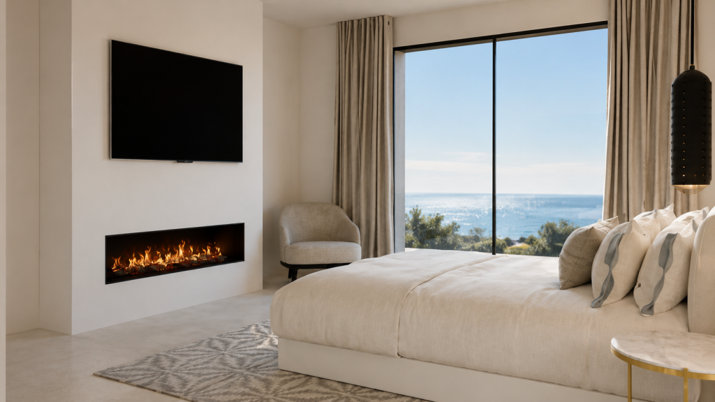 Dormitorio principal con chimenea y televisor integrados, textiles claros y gran cristalera con vistas al mar.