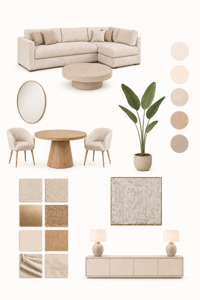 Moodboard de proyecto de decoración para salón comedor con sofá beige, muebles de madera y una paleta de tonos neutros.