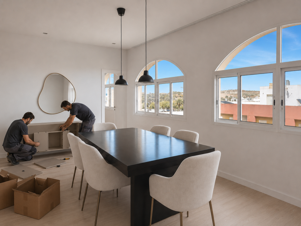 Tradespeople assembling furniture during a turnkey interior design project