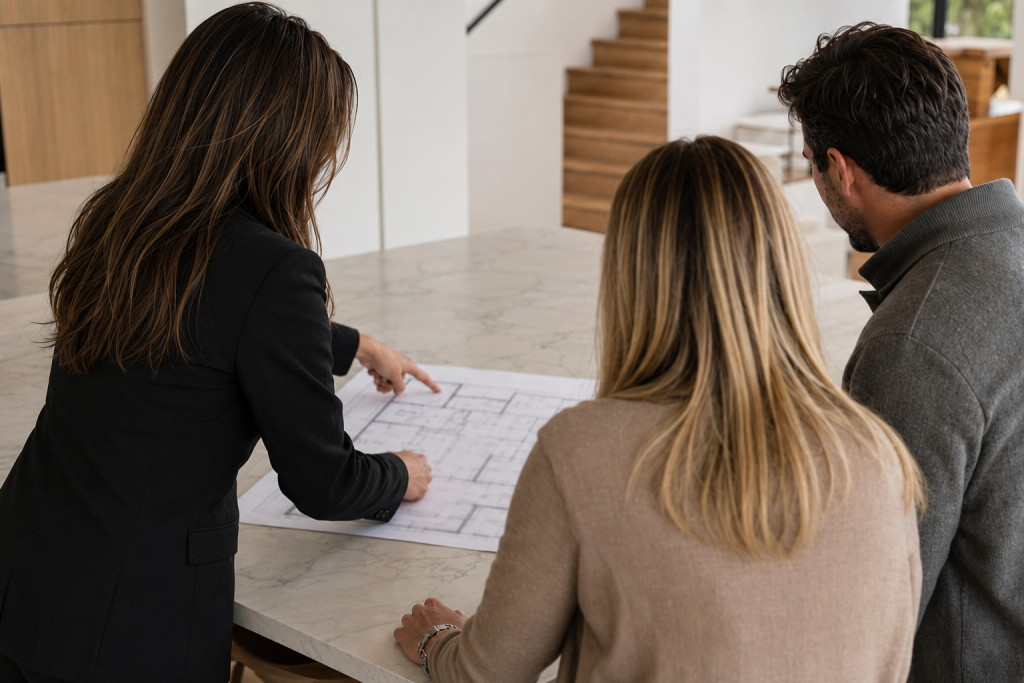 Interior designer explaining the scope of a turnkey interior design project to her clients