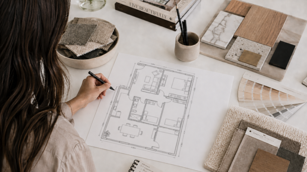 María Vélez trabajando en el plano de un proyecto de interiorismo con muestras de materiales y tejidos.