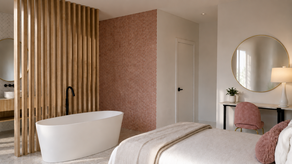 Bañera exenta junto a separador de listones de madera y pared de azulejo rosa en la suite juvenil.
