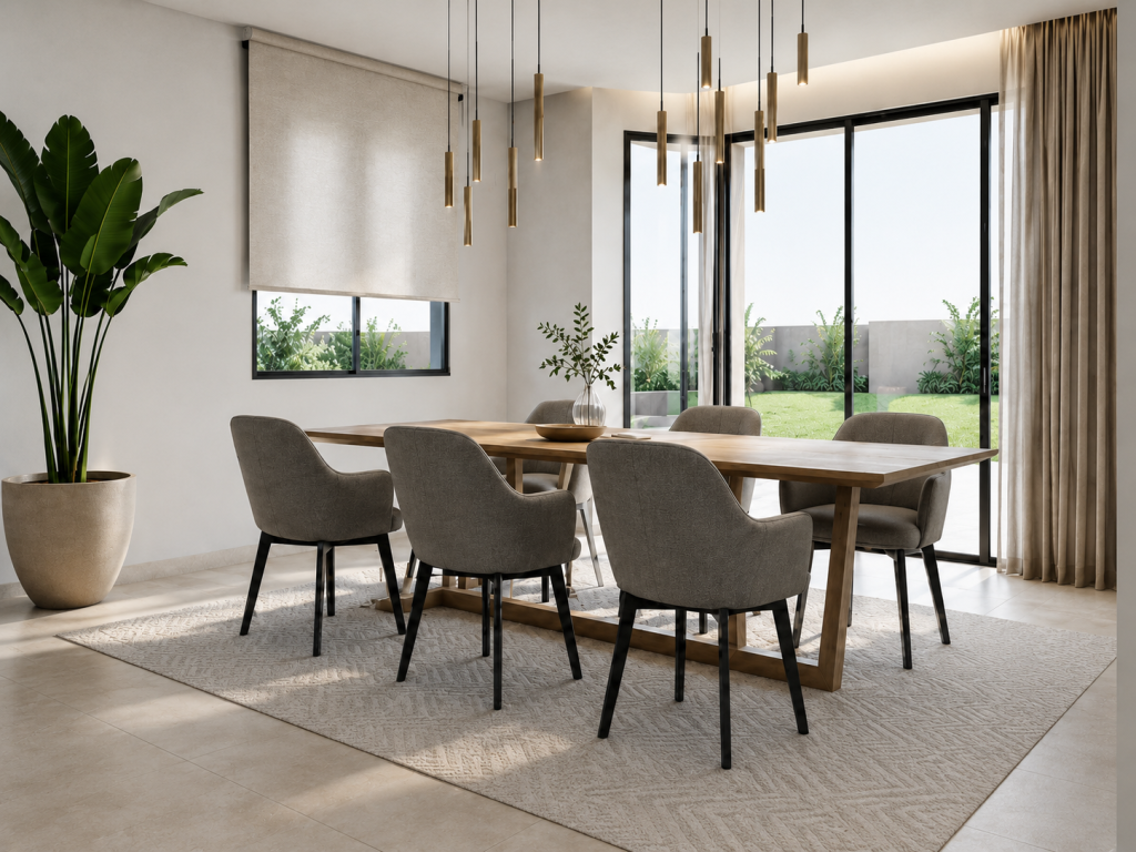 Comedor luminoso con mesa rectangular de madera, seis sillas tapizadas y lámparas colgantes de acabado dorado.