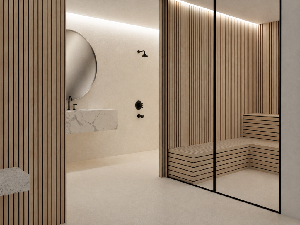 Sauna de madera cerrada con vidrio junto a ducha y lavabo suspendido de mármol en el spa de la villa.