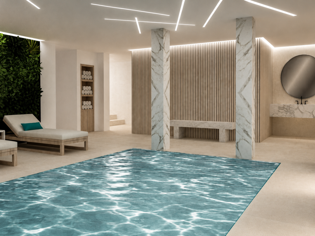 Spa con piscina interior, jardín vertical, tumbonas de madera, palillería y techo iluminado con líneas abstractas.