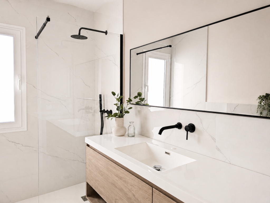 Baño con porcelánico efecto mármol, ducha de vidrio, grifería empotrada negra, lavabo integrado y mueble suspendido