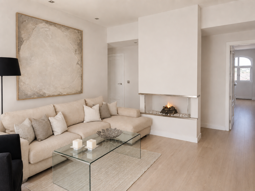 Living room with central fireplace Neutral-toned living room with a light-coloured sofa, glass table and bioethanol fireplace integrated into a central white structure.