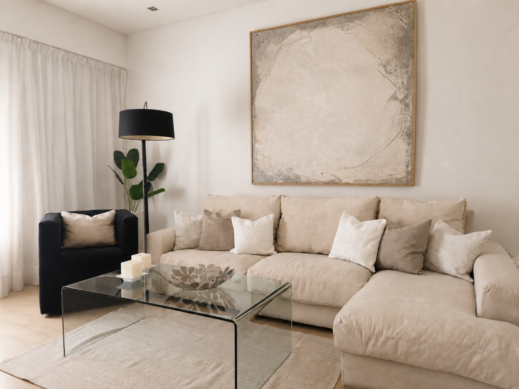Zona de estar con sofá beige, butaca negra, mesa de centro de vidrio y gran obra texturizada en tonos blancos