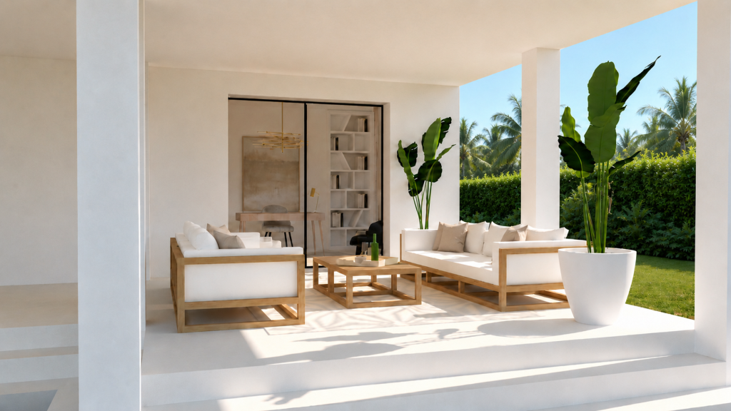 Porche cubierto con sofás de madera y textiles claros, vegetación tropical y conexión directa con el despacho interior.