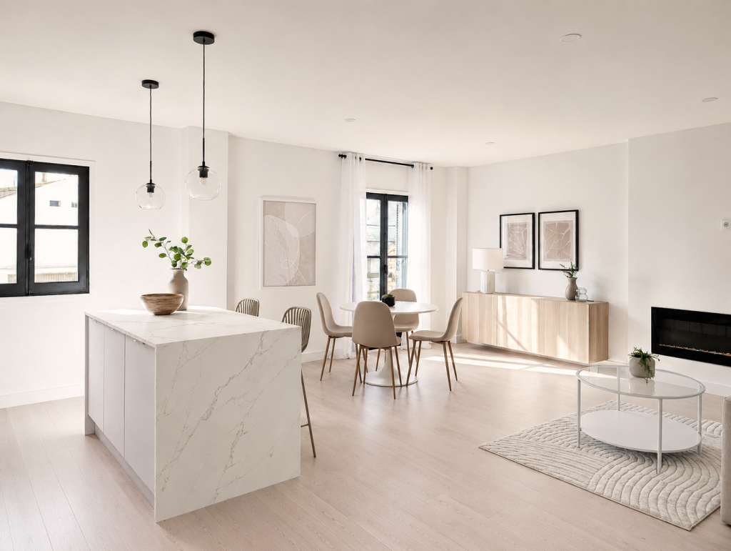 Espacio abierto con cocina e isla, comedor redondo, aparador de madera, salón con chimenea y grandes ventanas negras