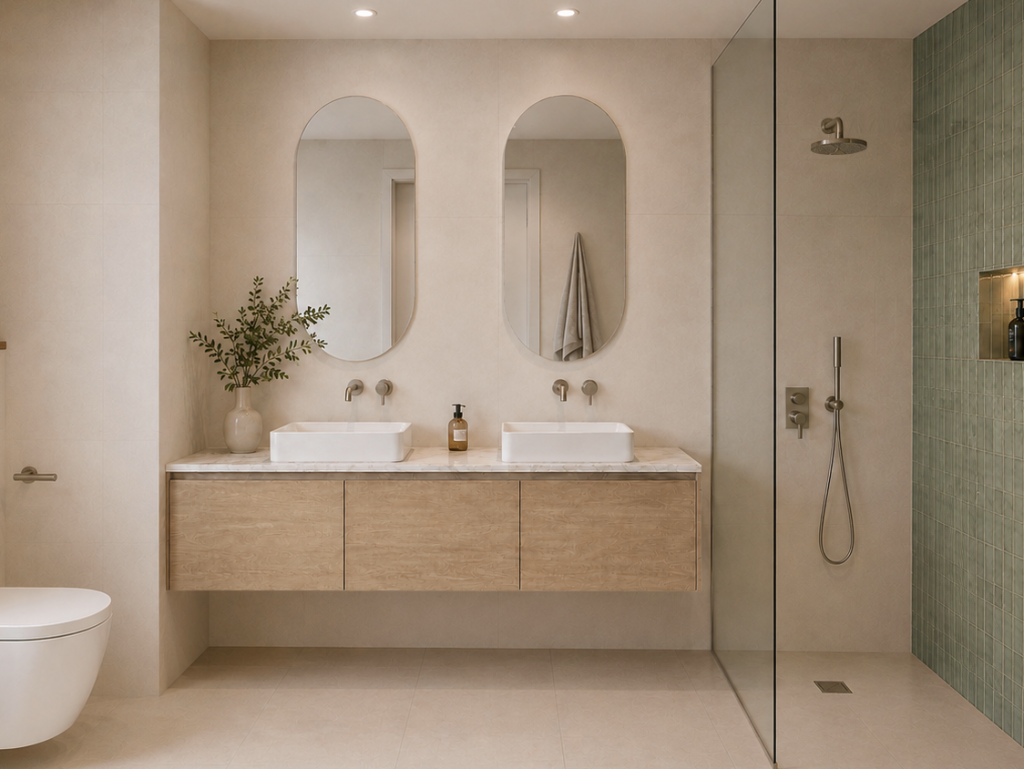 Baño beige con mueble suspendido de madera, dos lavabos blancos, espejos ovalados y ducha con pared verde