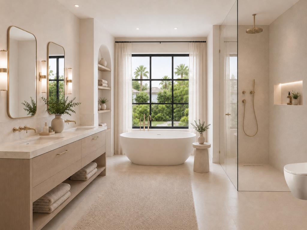 Baño suite beige con bañera exenta frente al jardín, lavabo doble, espejos dorados y ducha de vidrio transparente