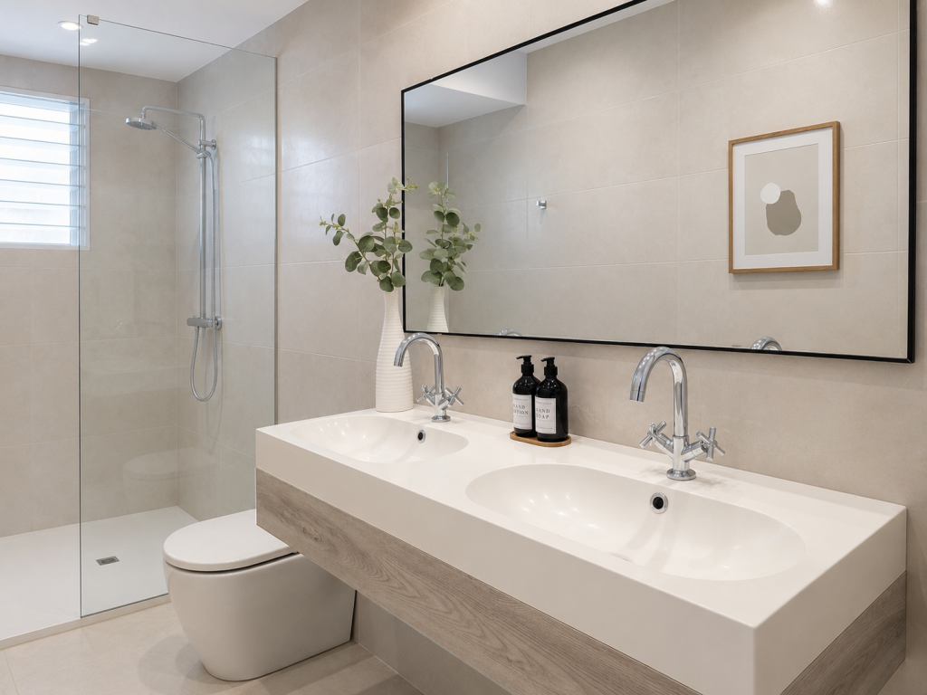 Baño contemporáneo en tonos beige con lavabo doble, gran espejo, grifería cromada y ducha con mampara transparente