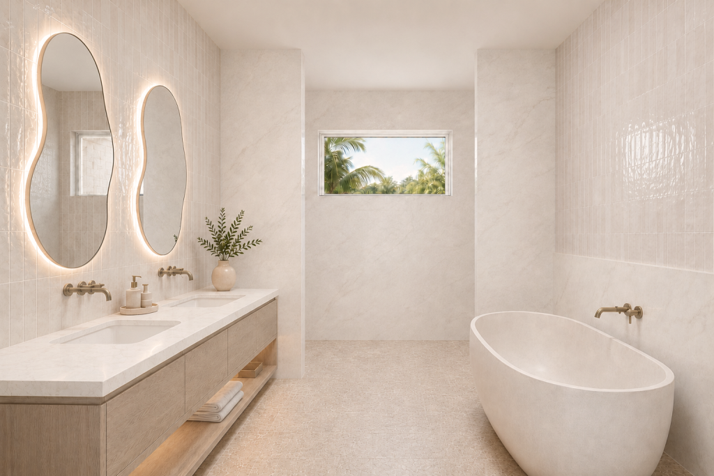 Baño en tonos crema con bañera exenta, mueble de lavabo doble, espejos orgánicos, griferías de latón y ducha abierta