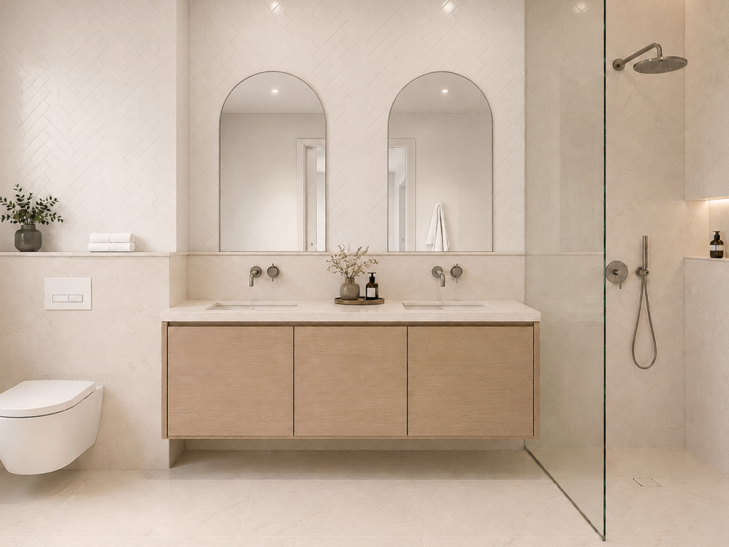 Baño beige con doble lavabo suspendido de madera, espejos arqueados, grifería empotrada y ducha abierta con mampara fija