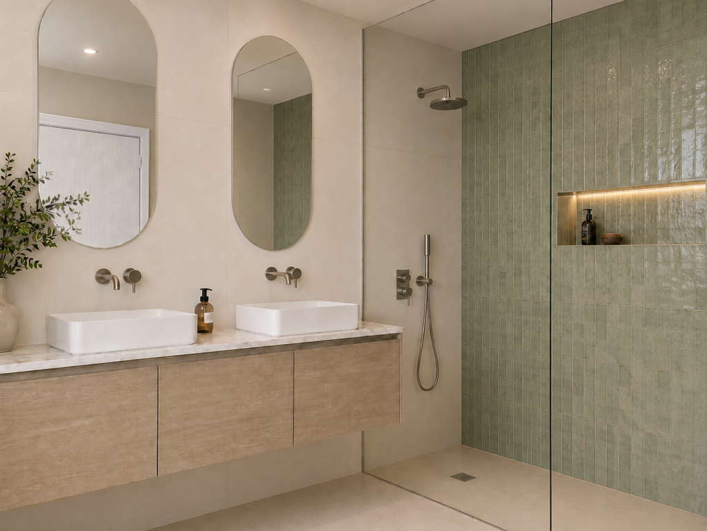 Ducha abierta con azulejos verdes verticales, nicho iluminado y mampara transparente junto a un mueble de lavabo de madera