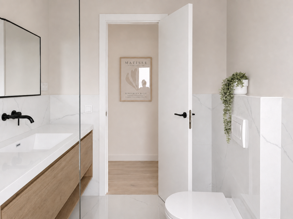 Baño contemporáneo con mueble de lavabo suspendido, grifería negra empotrada, porcelánico claro y sanitario suspendido