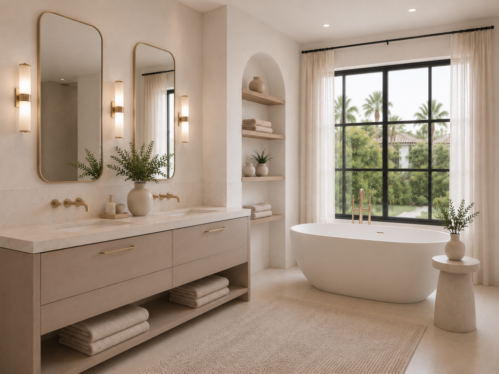 Mueble de lavabo doble con encimera beige, grifería dorada, espejos verticales y bañera exenta junto al ventanal
