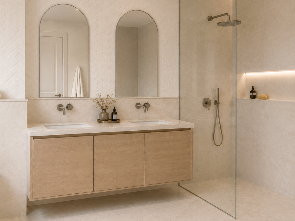 Vista lateral de baño cálido con mueble de madera, doble lavabo, ducha abierta, nicho iluminado y revestimientos beige