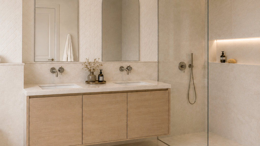 Side view of a warm bathroom with a wooden vanity, double basin, walk-in shower, illuminated niche and beige finishes